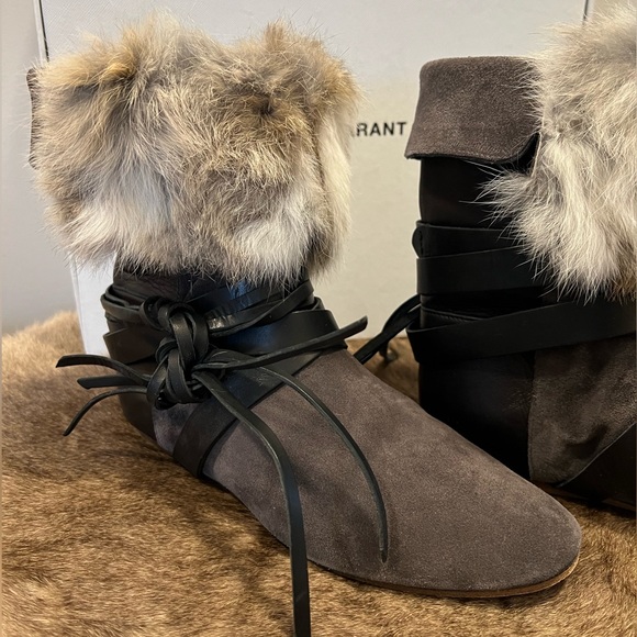 Isabel Marant NIA Gray Leather and Rabbit Fur Flat Boots - Picture 8 of 14